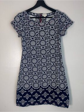 Hatley Short Sleeve Blue and White Print Dress with Red Zipper, Small
